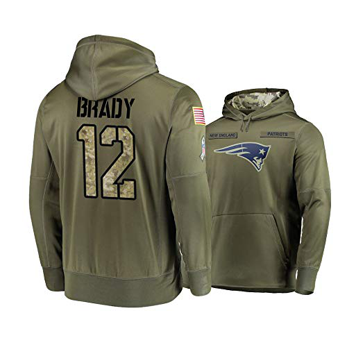 Men's New England Patriots #12 Tom Brady 2019 Olive Salute To Service Sideline Therma Performance Pullover Hoodie